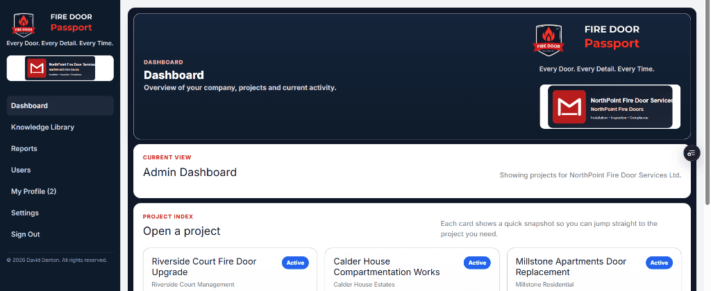 Fire Door Passport company dashboard showing active projects