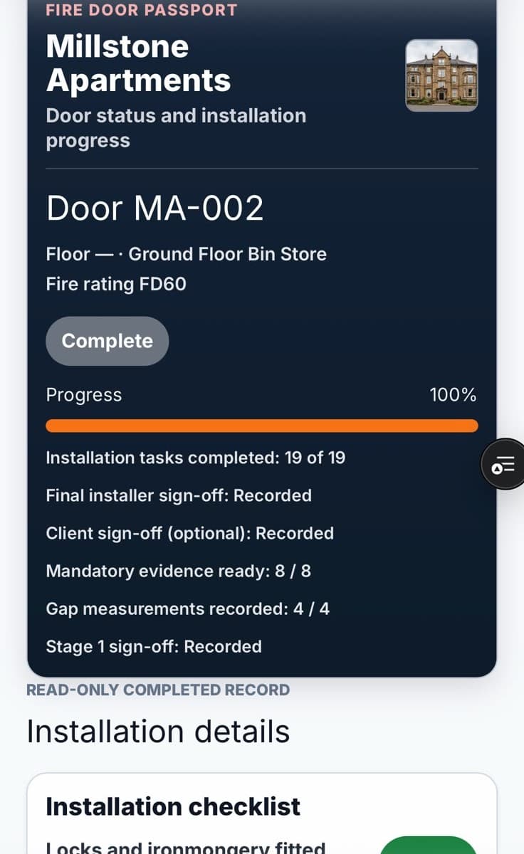 Completed mobile door record showing installation progress, evidence and sign-off