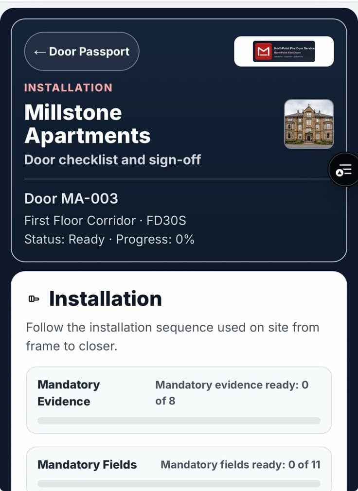 Mobile installer workflow showing a door checklist and mandatory evidence progress