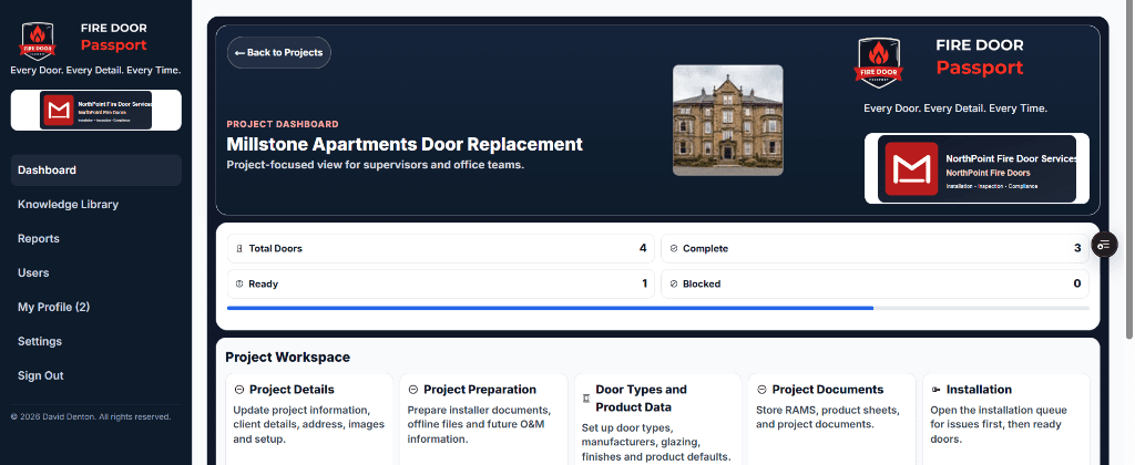 Fire Door Passport project workspace showing door progress and project tools
